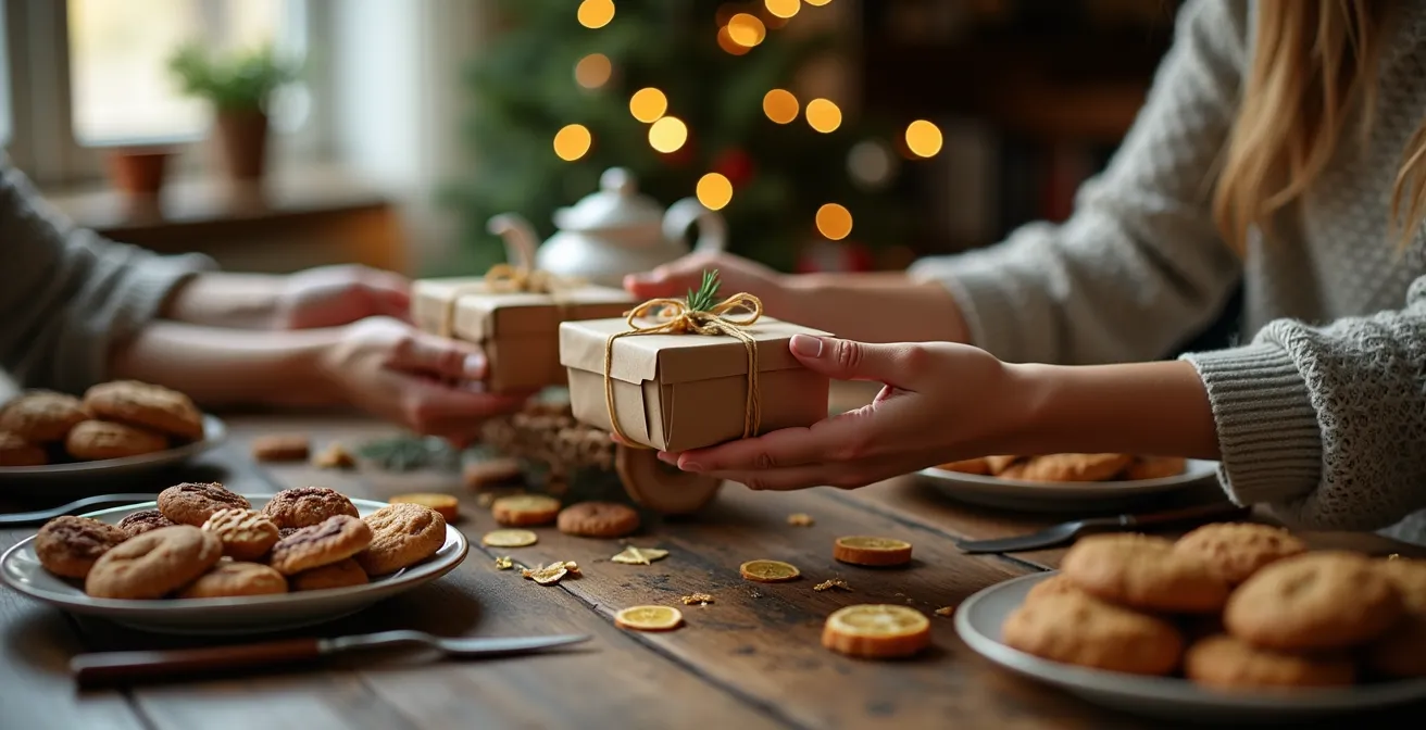 Scène chaleureuse d'échange de biscuits de Noël entre amis autour d'une table festive