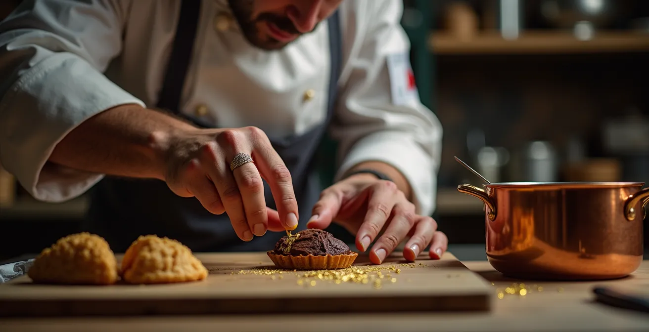 Chef Meilleur Ouvrier de France démontrant une technique de haute cuisine dans un atelier artisanal