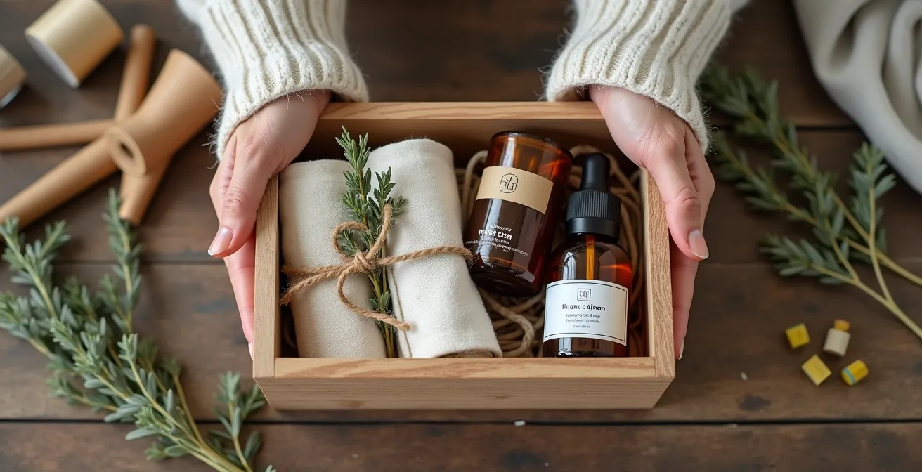 Mains assemblant délicatement un coffret bien-être artisanal avec produits naturels français
