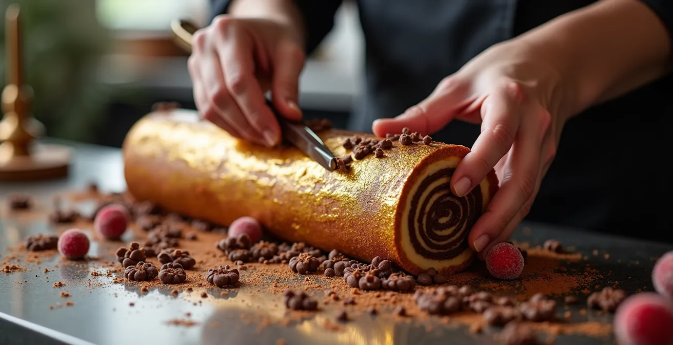 Décoration raffinée d'une bûche de Noël avec copeaux de chocolat et éléments dorés