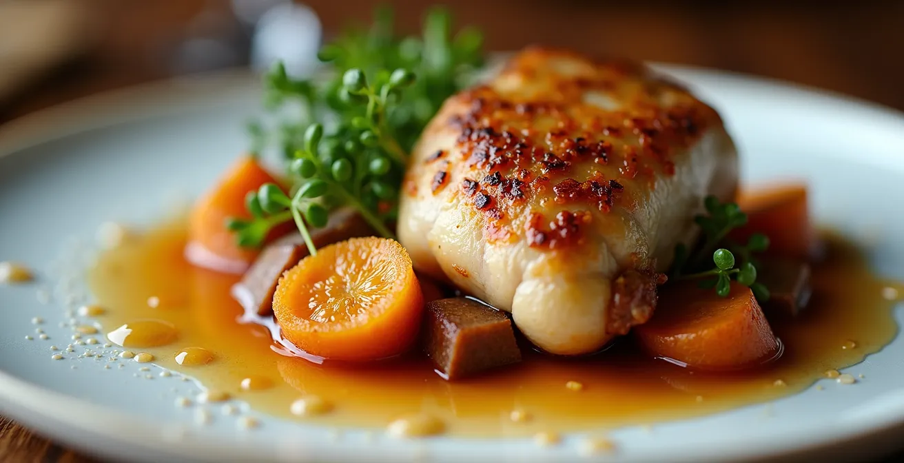 Assiette de fête dressée avec précision montrant différentes techniques de présentation professionnelle