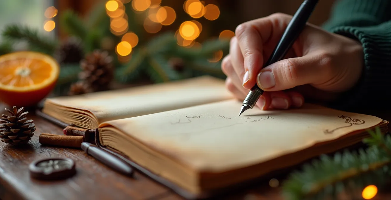 Une scène intime d'écriture créative familiale autour d'une table avec cahiers et plumes dans une ambiance chaleureuse de Noël