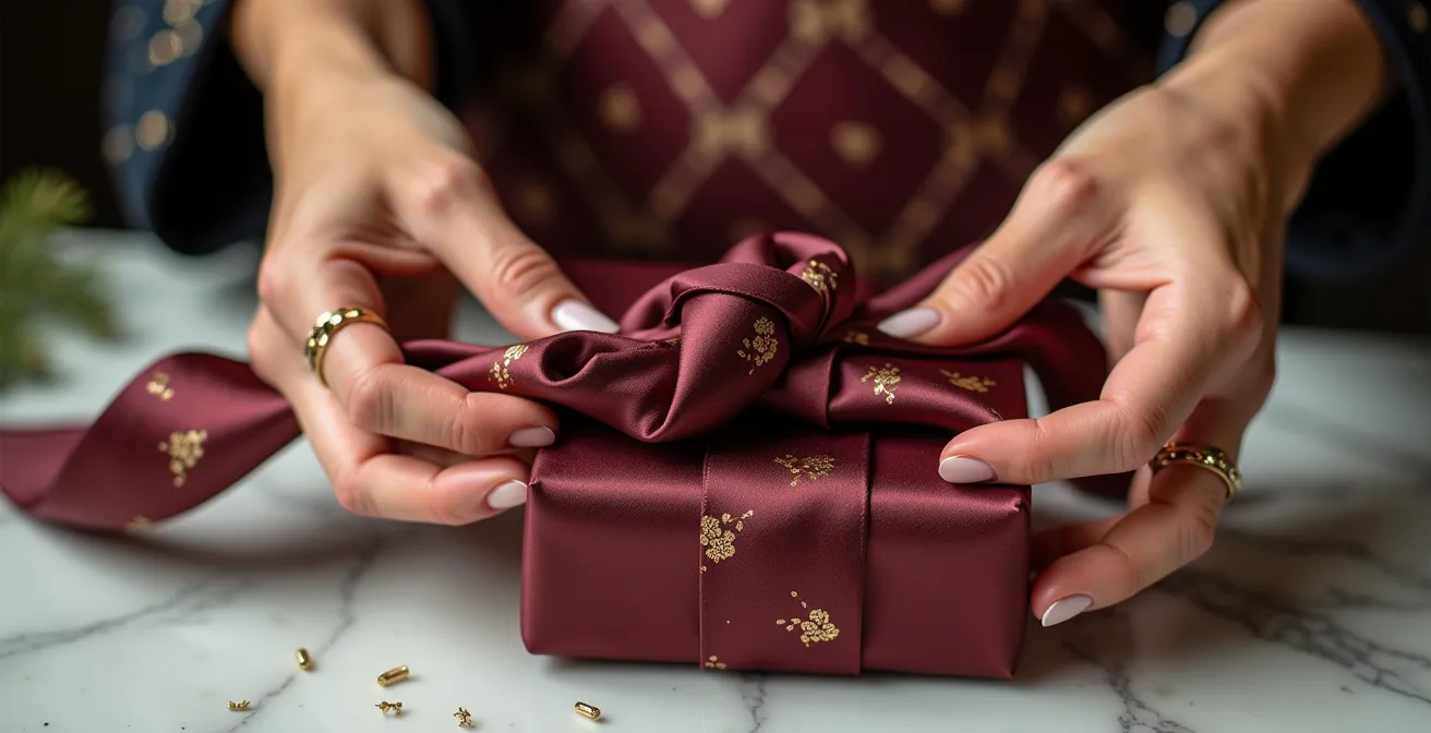 Mains expertes nouant un tissu furoshiki autour d'un cadeau avec la technique japonaise traditionnelle