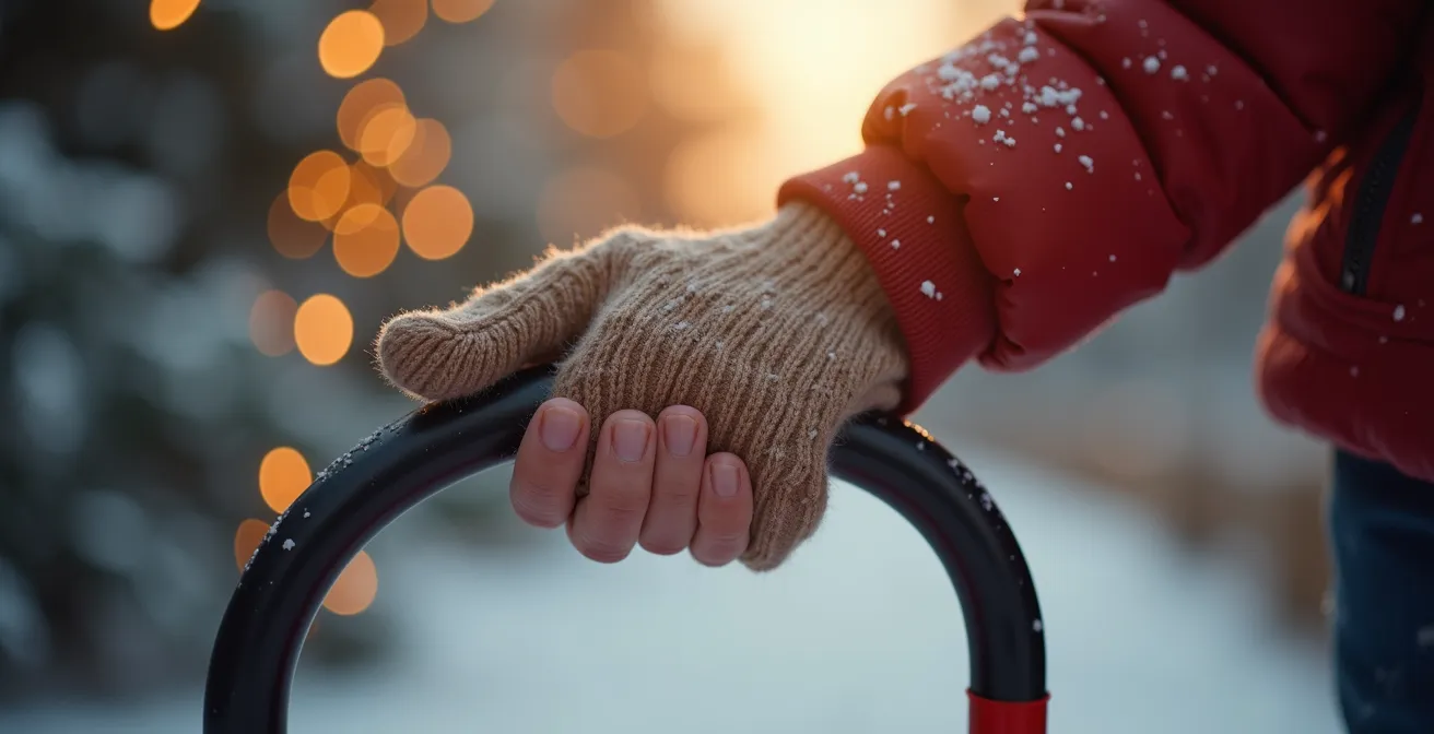 Main d'adulte guidant un enfant sur une luge, moment de complicité intergénérationnelle