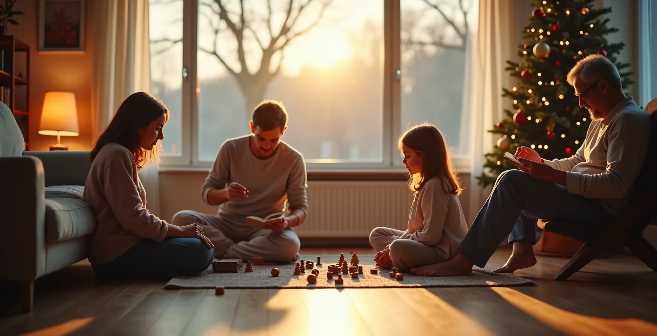 Famille détendue dans un salon de Noël, certains jouant, d'autres se reposant dans des espaces différents