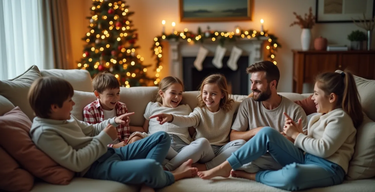 Une famille de plusieurs générations éclatant de rire dans un salon chaleureusement décoré pour Noël, illustrant la complicité.