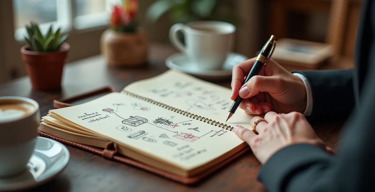 Carnet de détective avec des notes manuscrites et des indices pour trouver le cadeau idéal