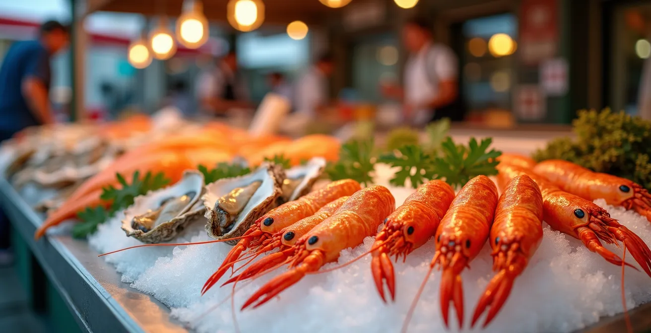 Vue détaillée d'huîtres fraîches sur glace montrant leur brillance et leur texture caractéristiques
