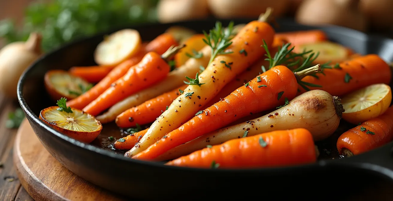 Gros plan sur légumes racines dorés au four avec glaçage au miel et herbes fraîches.