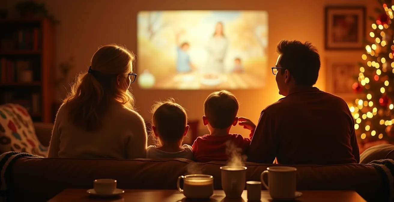 Famille réunie dans un salon douillet pour un marathon de films de Noël