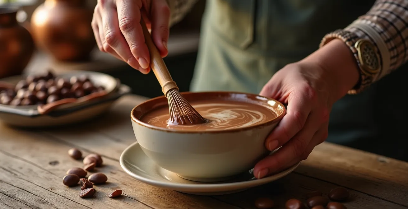 Moulinet en bois traditionnel français créant une mousse onctueuse dans un bol de chocolat chaud