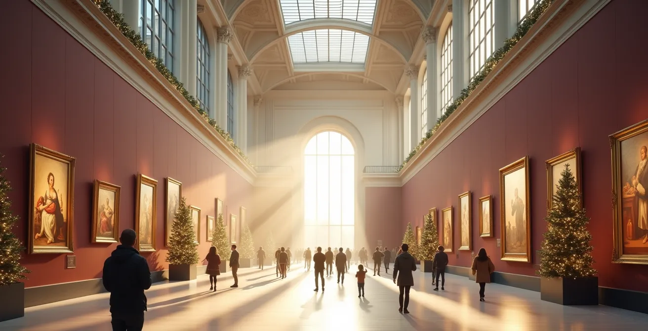 Une famille découvrant des œuvres d'art dans un musée décoré pour Noël avec un éclairage doux et chaleureux