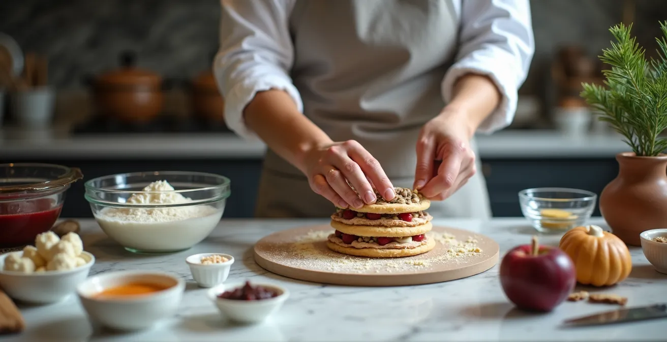 Plan de travail de pâtissier organisé avec ustensiles et ingrédients pour la préparation de desserts de Noël