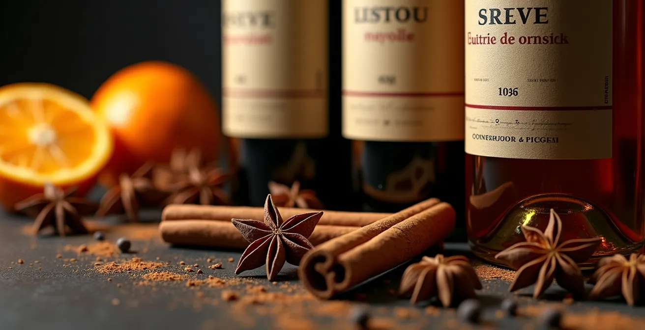 Bouteilles de vins français disposées avec épices et agrumes pour vin chaud