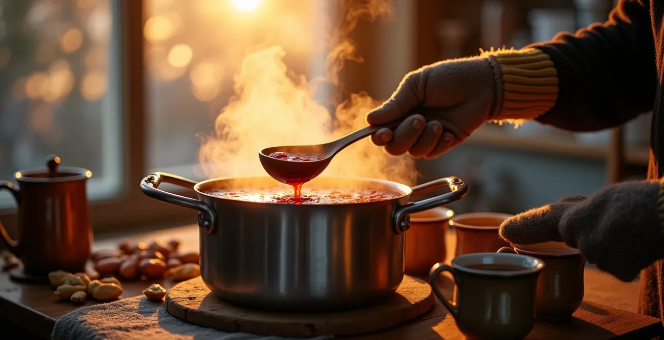 Marmite professionnelle fumante de vin chaud avec louche en bois