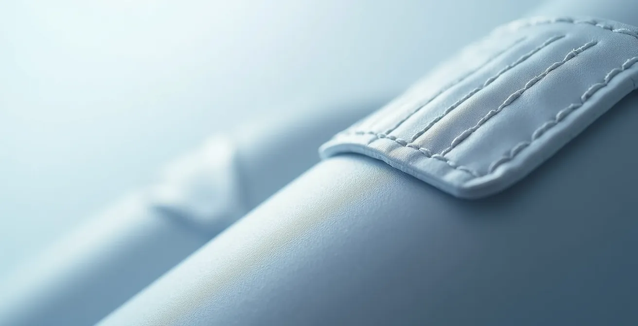 Détail macro de la texture d'une surface gonflable montrant les coutures renforcées et la matière protectrice