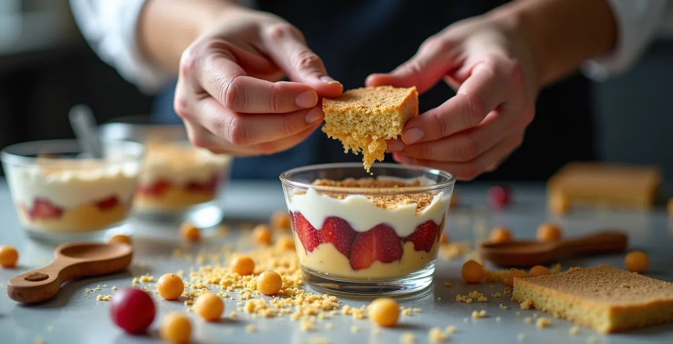 Transformation créative d'un dessert avec des mains expertes réarrangeant des éléments pâtissiers