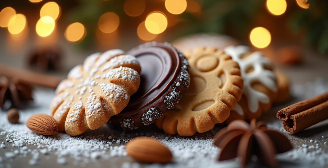 Plateau de biscuits européens traditionnels arrangés par région avec épices et décorations