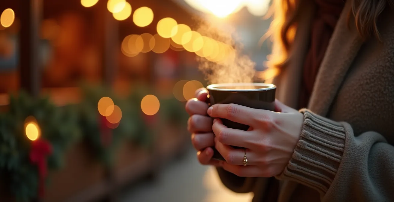 Scène de marché de Noël avec vapeur de vin chaud dans l'air hivernal