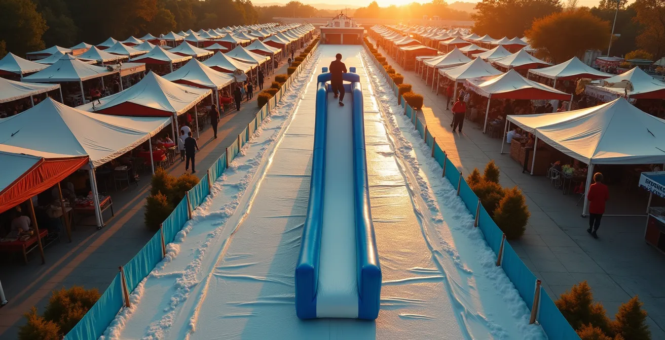Vue aérienne d'un événement hivernal avec piste de luge comme élément central architectural