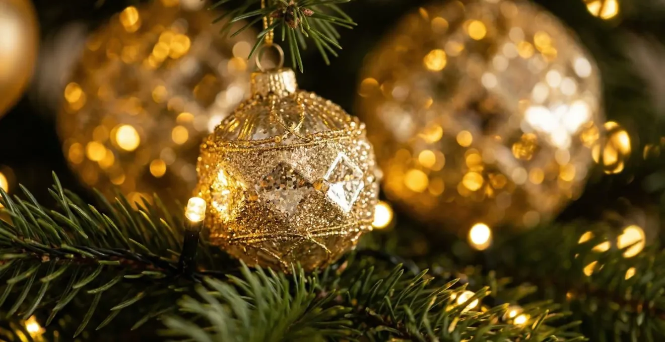 Gros plan macro sur des guirlandes dorées et lumières scintillantes de décoration de Noël avec effet bokeh