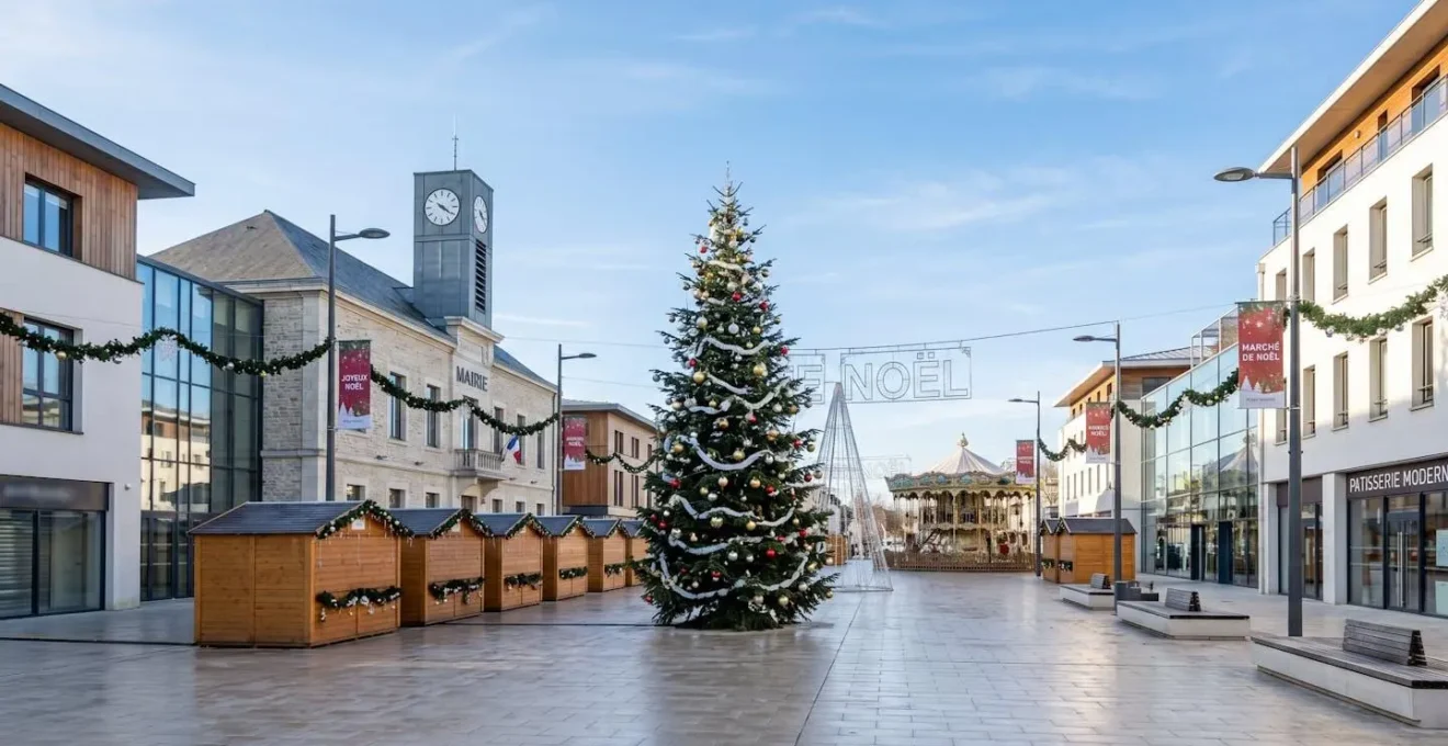 Une place de centre-ville français décorée pour Noël avec illuminations et décors festifs, architecture européenne typique, espace vide en journée
