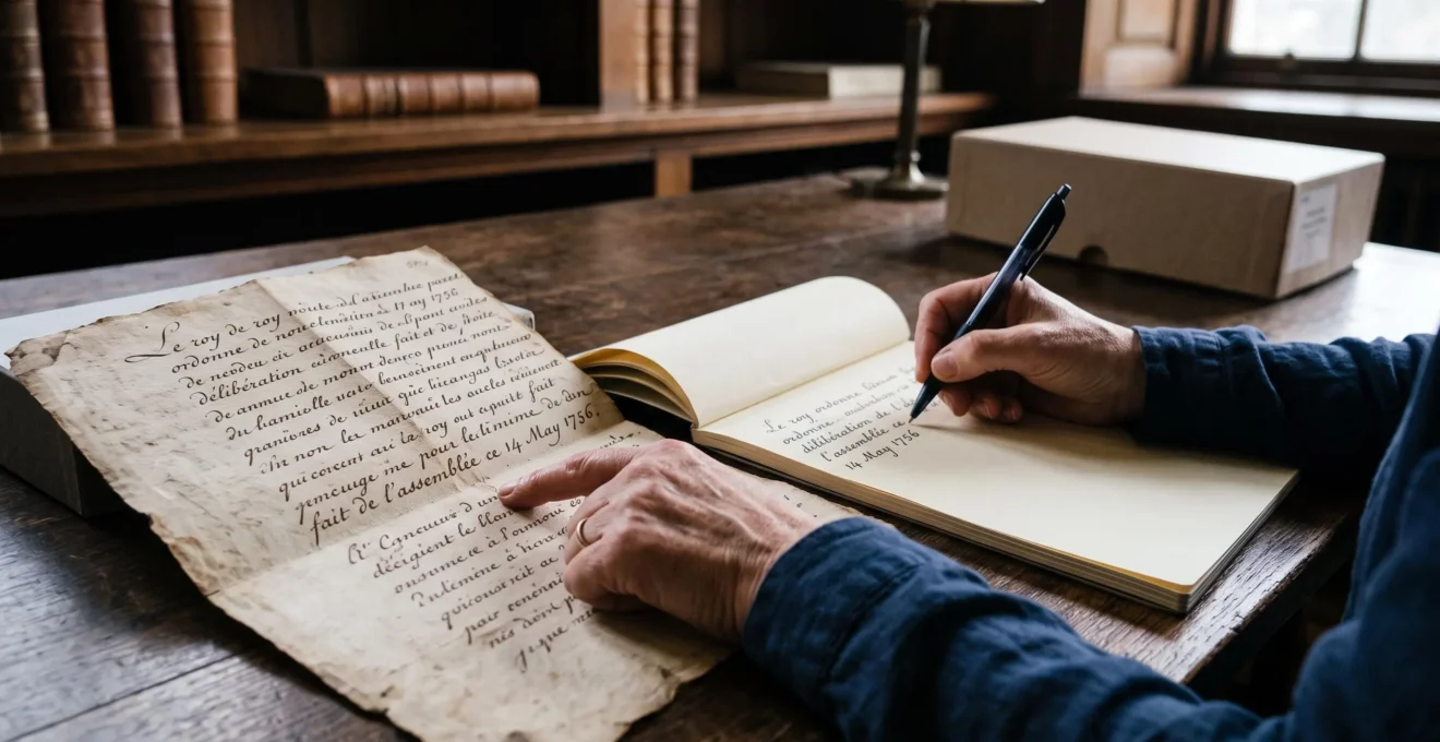 Mains en train de déchiffrer un manuscrit français du XVIIIe siècle sur une table de consultation, avec prise de notes de transcription dans un cahier