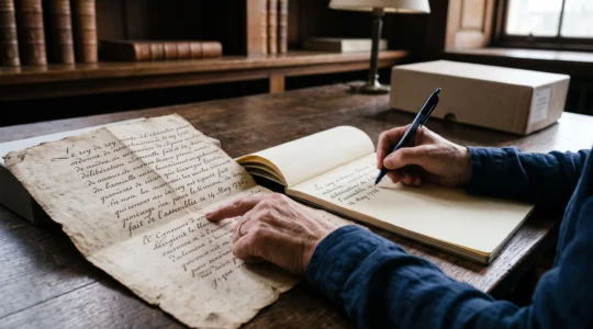 Mains en train de déchiffrer un manuscrit français du XVIIIe siècle sur une table de consultation, avec prise de notes de transcription dans un cahier