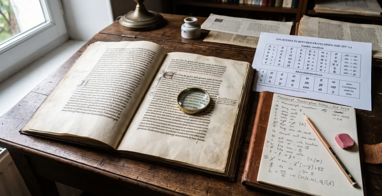 Poste de travail pour le déchiffrement de manuscrits avec document ancien ouvert, loupe, tableau alphabétique de référence et cahier de transcription