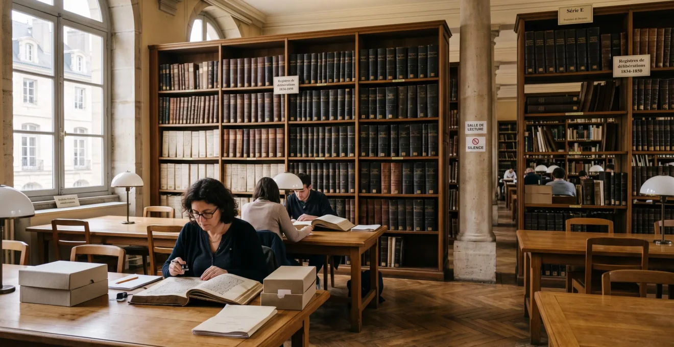 Salle de lecture des archives départementales avec rayonnages de registres anciens reliés et tables de consultation