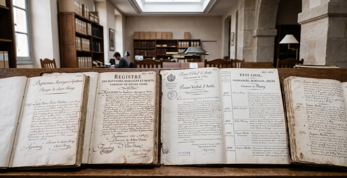 Plusieurs registres paroissiaux et documents administratifs anciens ouverts sur une table, montrant différents styles d'écriture manuscrite des XVIIe, XVIIIe et XIXe siècles