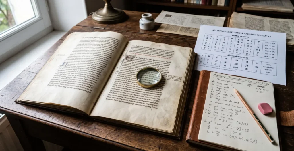 Poste de travail pour le déchiffrement de manuscrits avec document ancien ouvert, loupe, tableau alphabétique de référence et cahier de transcription